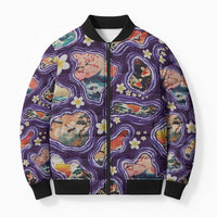 Hawaii Islands Map Design with Japanese Landscape Bomber Puffer Jacket Hawaiian Japan Fusion Art Purple Color