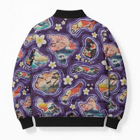 Hawaii Islands Map Design with Japanese Landscape Bomber Puffer Jacket Hawaiian Japan Fusion Art Purple Color