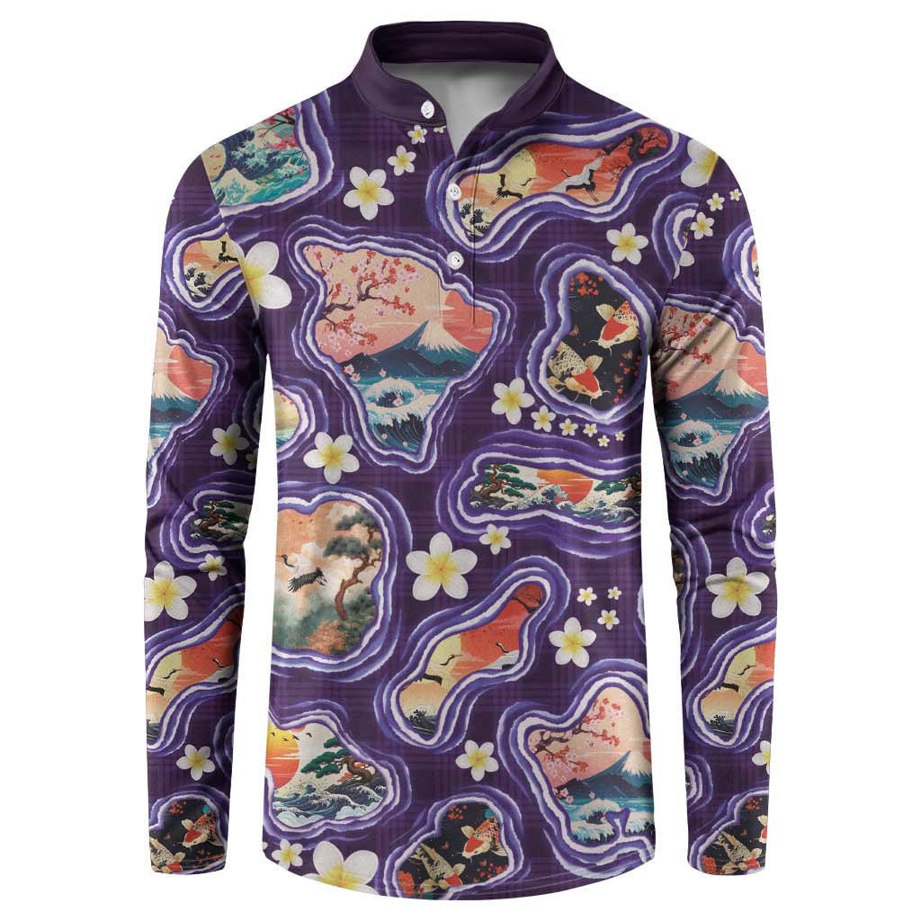 Hawaii Islands Map Design with Japanese Landscape Button Sweatshirt Hawaiian Japan Fusion Art Purple Color