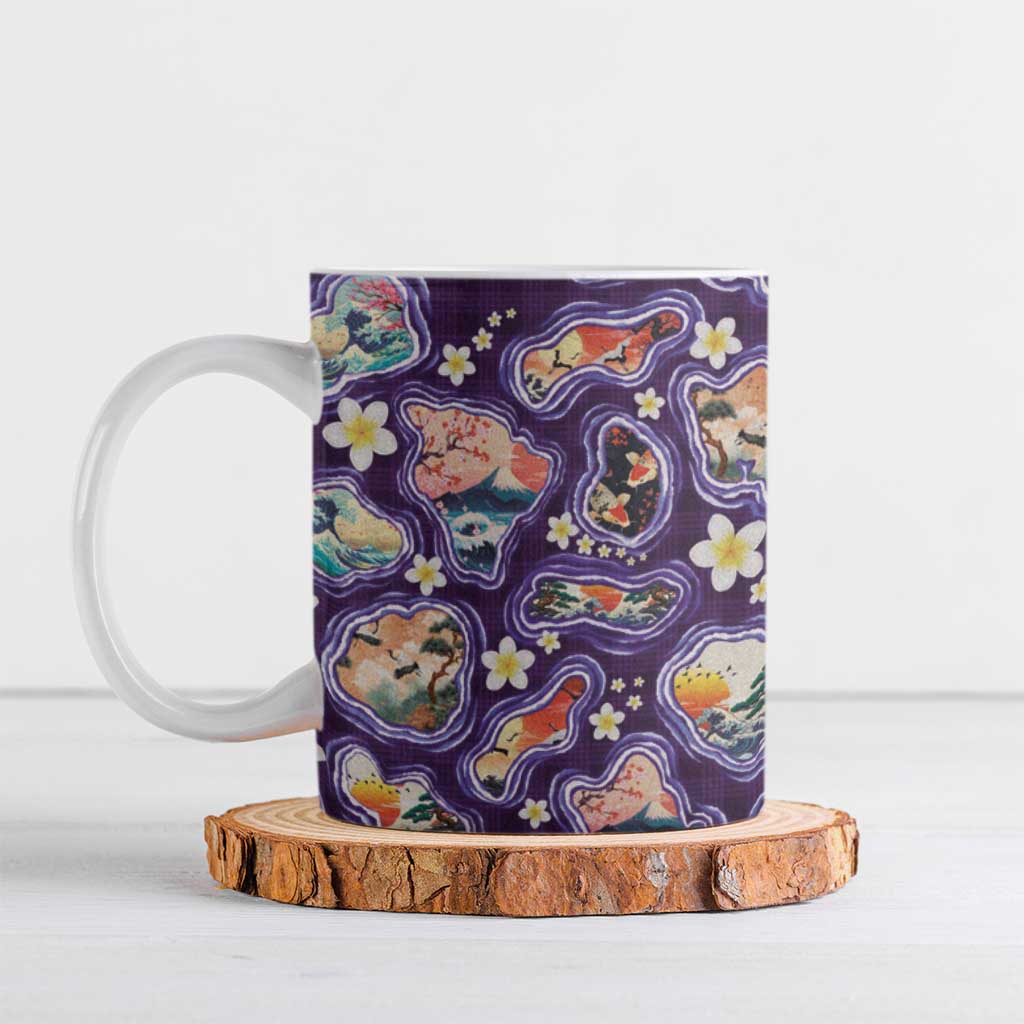 Hawaii Islands Map Design with Japanese Landscape Ceramic Mug Hawaiian Japan Fusion Art Purple Color