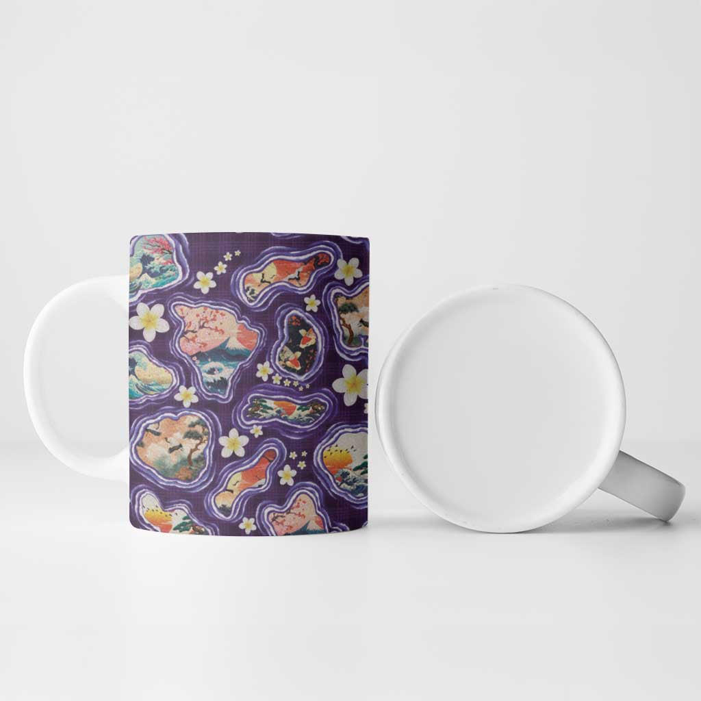 Hawaii Islands Map Design with Japanese Landscape Ceramic Mug Hawaiian Japan Fusion Art Purple Color
