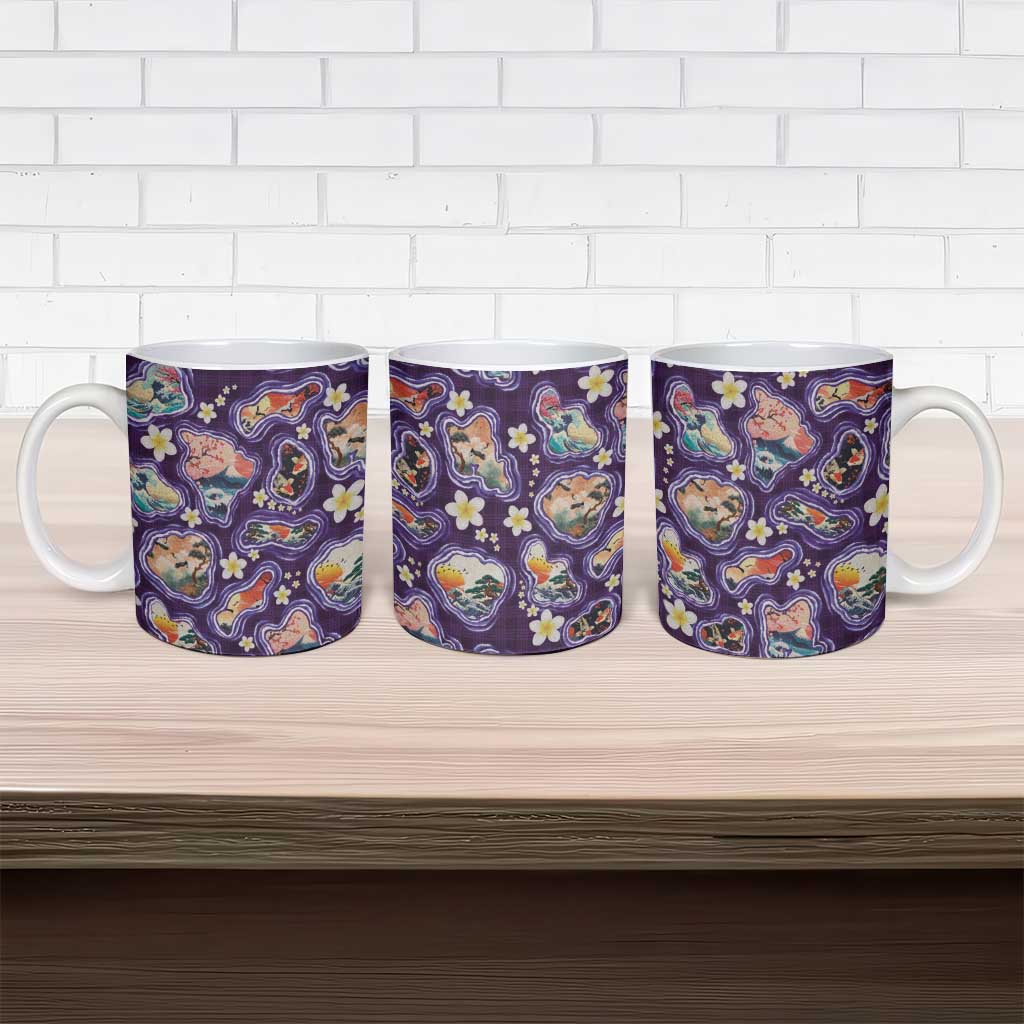 Hawaii Islands Map Design with Japanese Landscape Ceramic Mug Hawaiian Japan Fusion Art Purple Color
