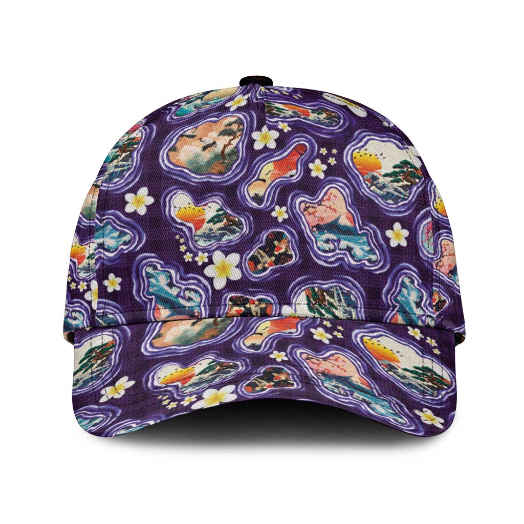 Hawaii Islands Map Design with Japanese Landscape Classic Cap Hawaiian Japan Fusion Art Purple Color