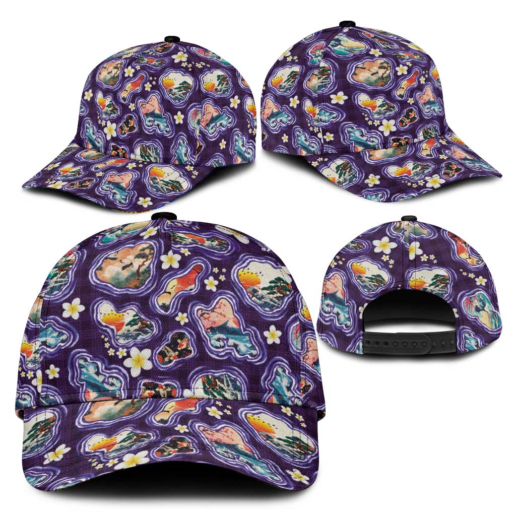 Hawaii Islands Map Design with Japanese Landscape Classic Cap Hawaiian Japan Fusion Art Purple Color