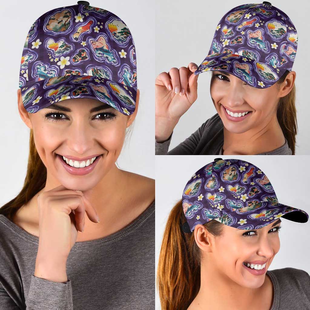 Hawaii Islands Map Design with Japanese Landscape Classic Cap Hawaiian Japan Fusion Art Purple Color