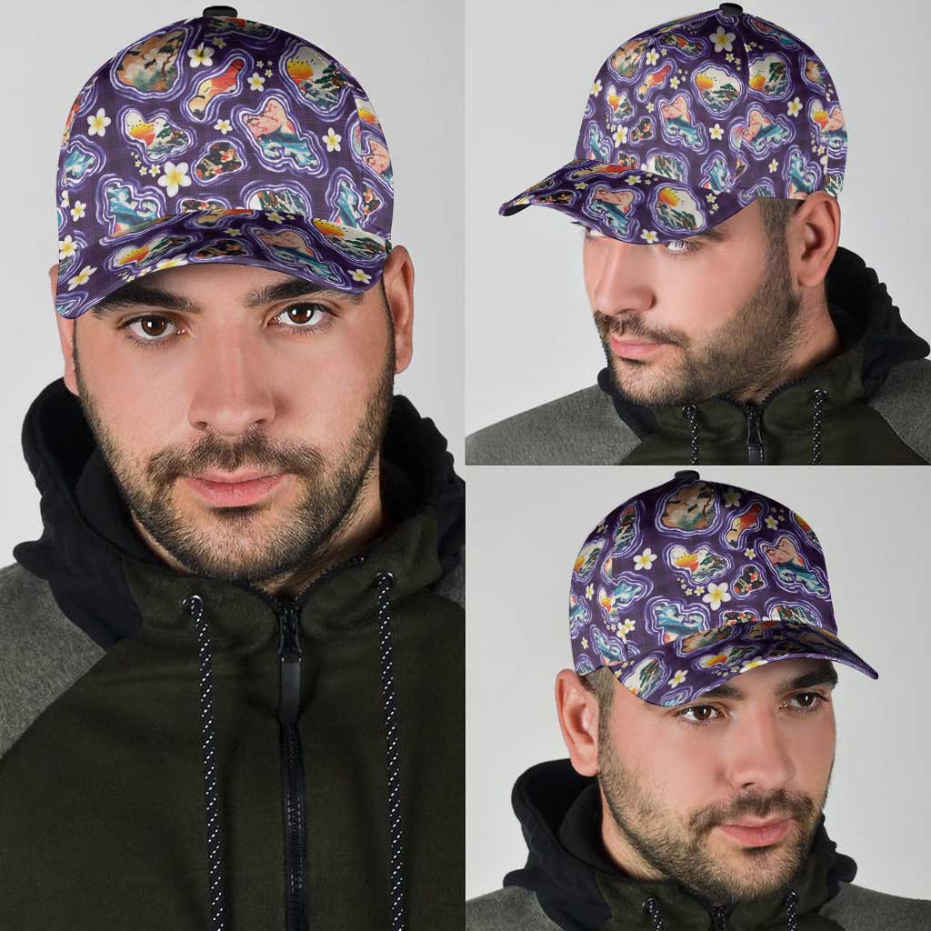 Hawaii Islands Map Design with Japanese Landscape Classic Cap Hawaiian Japan Fusion Art Purple Color
