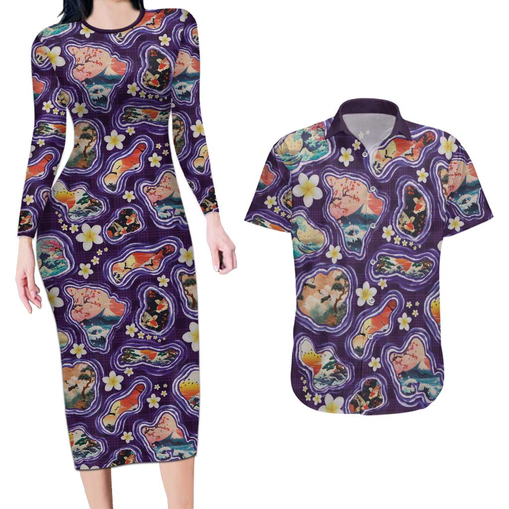 Hawaii Islands Map Design with Japanese Landscape Couples Matching Long Sleeve Bodycon Dress and Hawaiian Shirt Hawaiian Japan Fusion Art Purple Color