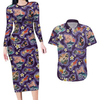 Hawaii Islands Map Design with Japanese Landscape Couples Matching Long Sleeve Bodycon Dress and Hawaiian Shirt Hawaiian Japan Fusion Art Purple Color