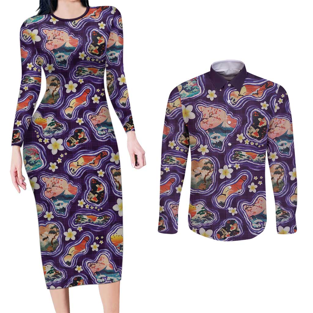 Hawaii Islands Map Design with Japanese Landscape Couples Matching Long Sleeve Bodycon Dress and Long Sleeve Button Shirt Hawaiian Japan Fusion Art Purple Color LT03 Purple - Polynesian Pride