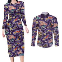 Hawaii Islands Map Design with Japanese Landscape Couples Matching Long Sleeve Bodycon Dress and Long Sleeve Button Shirt Hawaiian Japan Fusion Art Purple Color LT03 Purple - Polynesian Pride