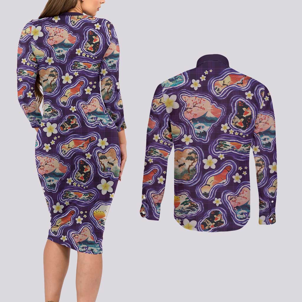 Hawaii Islands Map Design with Japanese Landscape Couples Matching Long Sleeve Bodycon Dress and Long Sleeve Button Shirt Hawaiian Japan Fusion Art Purple Color LT03 - Polynesian Pride