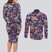Hawaii Islands Map Design with Japanese Landscape Couples Matching Long Sleeve Bodycon Dress and Long Sleeve Button Shirt Hawaiian Japan Fusion Art Purple Color LT03 - Polynesian Pride