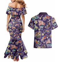 Hawaii Islands Map Design with Japanese Landscape Couples Matching Mermaid Dress and Hawaiian Shirt Hawaiian Japan Fusion Art Purple Color