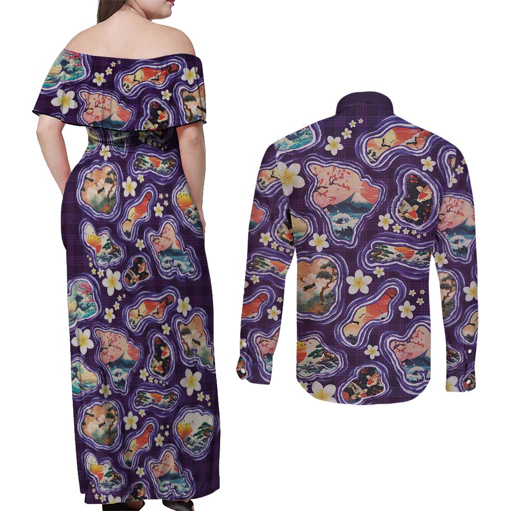 Hawaii Islands Map Design with Japanese Landscape Couples Matching Off Shoulder Maxi Dress and Long Sleeve Button Shirt Hawaiian Japan Fusion Art Purple Color