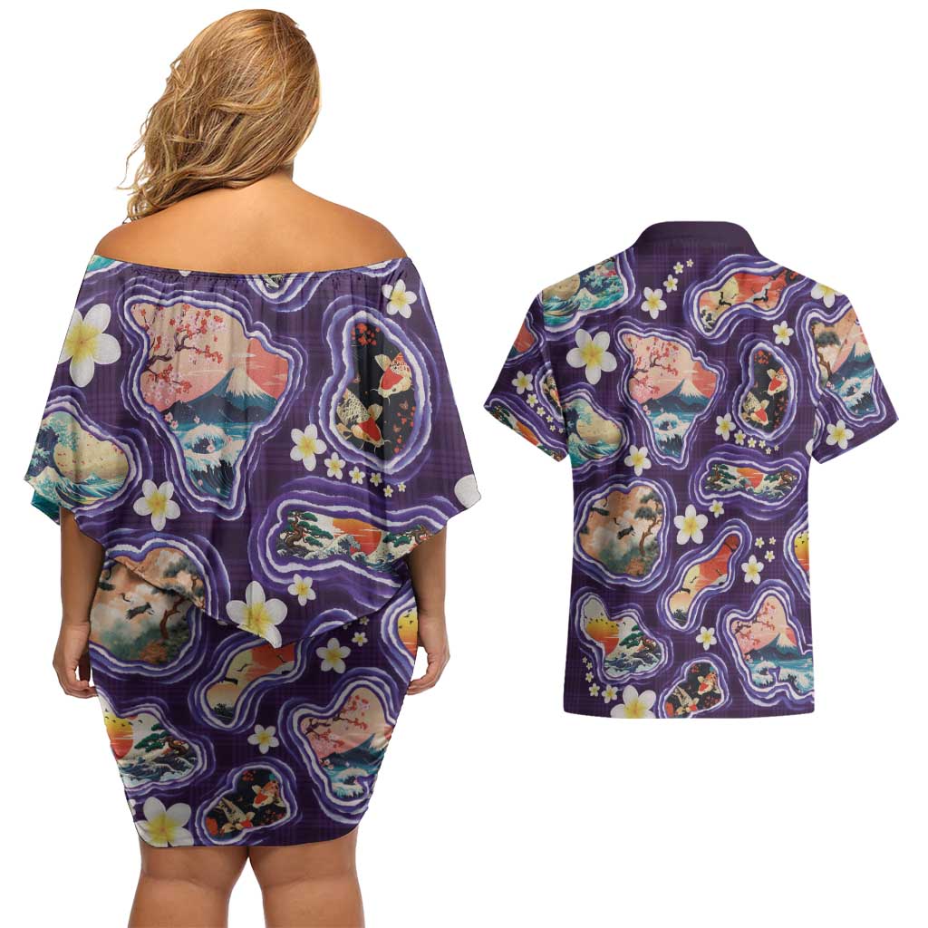 Hawaii Islands Map Design with Japanese Landscape Couples Matching Off Shoulder Short Dress and Hawaiian Shirt Hawaiian Japan Fusion Art Purple Color