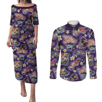 Hawaii Islands Map Design with Japanese Landscape Couples Matching Puletasi and Long Sleeve Button Shirt Hawaiian Japan Fusion Art Purple Color