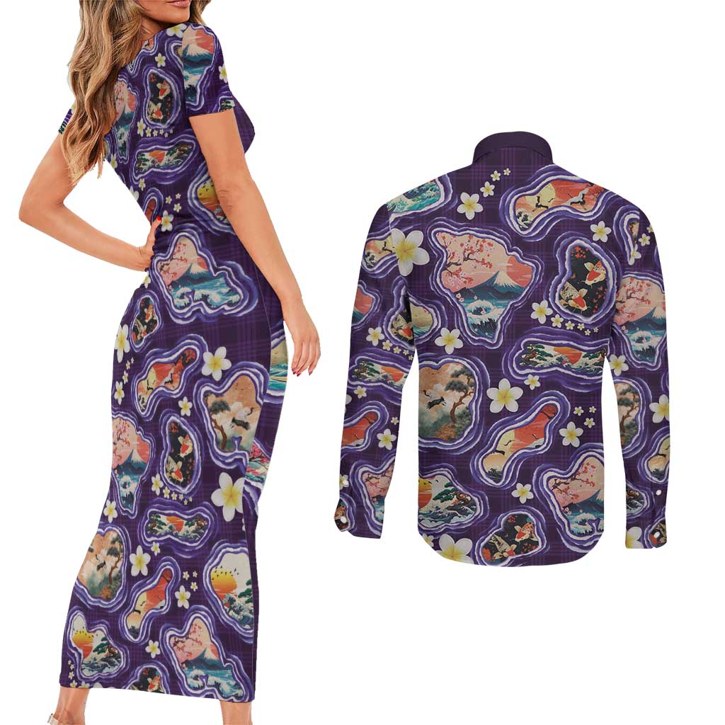 Hawaii Islands Map Design with Japanese Landscape Couples Matching Short Sleeve Bodycon Dress and Long Sleeve Button Shirt Hawaiian Japan Fusion Art Purple Color