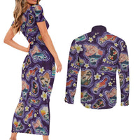 Hawaii Islands Map Design with Japanese Landscape Couples Matching Short Sleeve Bodycon Dress and Long Sleeve Button Shirt Hawaiian Japan Fusion Art Purple Color
