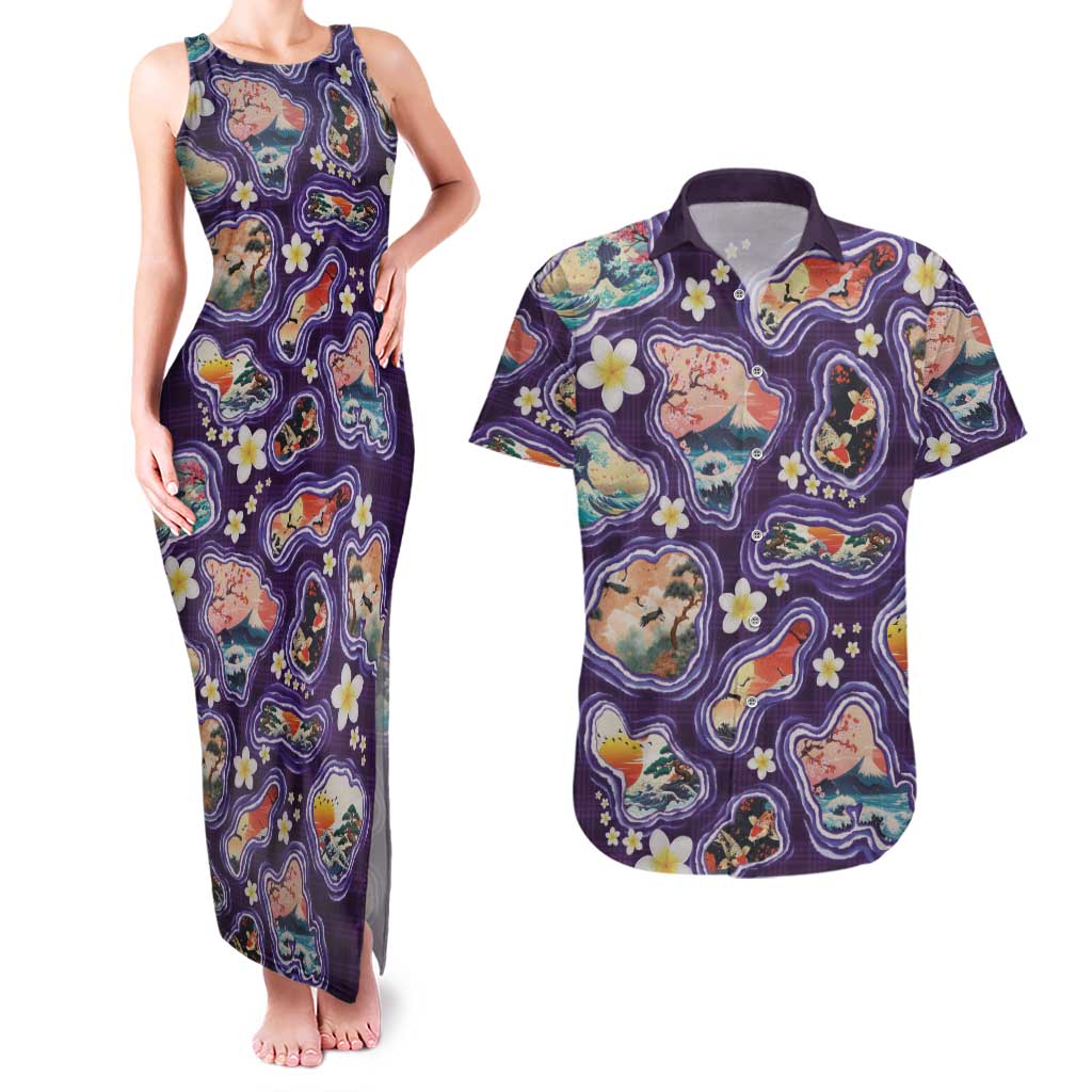 Hawaii Islands Map Design with Japanese Landscape Couples Matching Tank Maxi Dress and Hawaiian Shirt Hawaiian Japan Fusion Art Purple Color