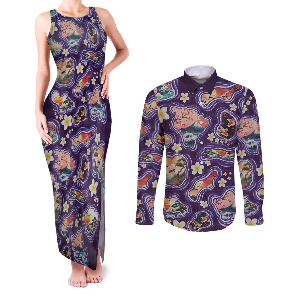 Hawaii Islands Map Design with Japanese Landscape Couples Matching Tank Maxi Dress and Long Sleeve Button Shirt Hawaiian Japan Fusion Art Purple Color