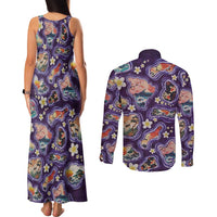 Hawaii Islands Map Design with Japanese Landscape Couples Matching Tank Maxi Dress and Long Sleeve Button Shirt Hawaiian Japan Fusion Art Purple Color