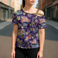Hawaii Islands Map Design with Japanese Landscape Cross Shoulder Shirt Hawaiian Japan Fusion Art Purple Color