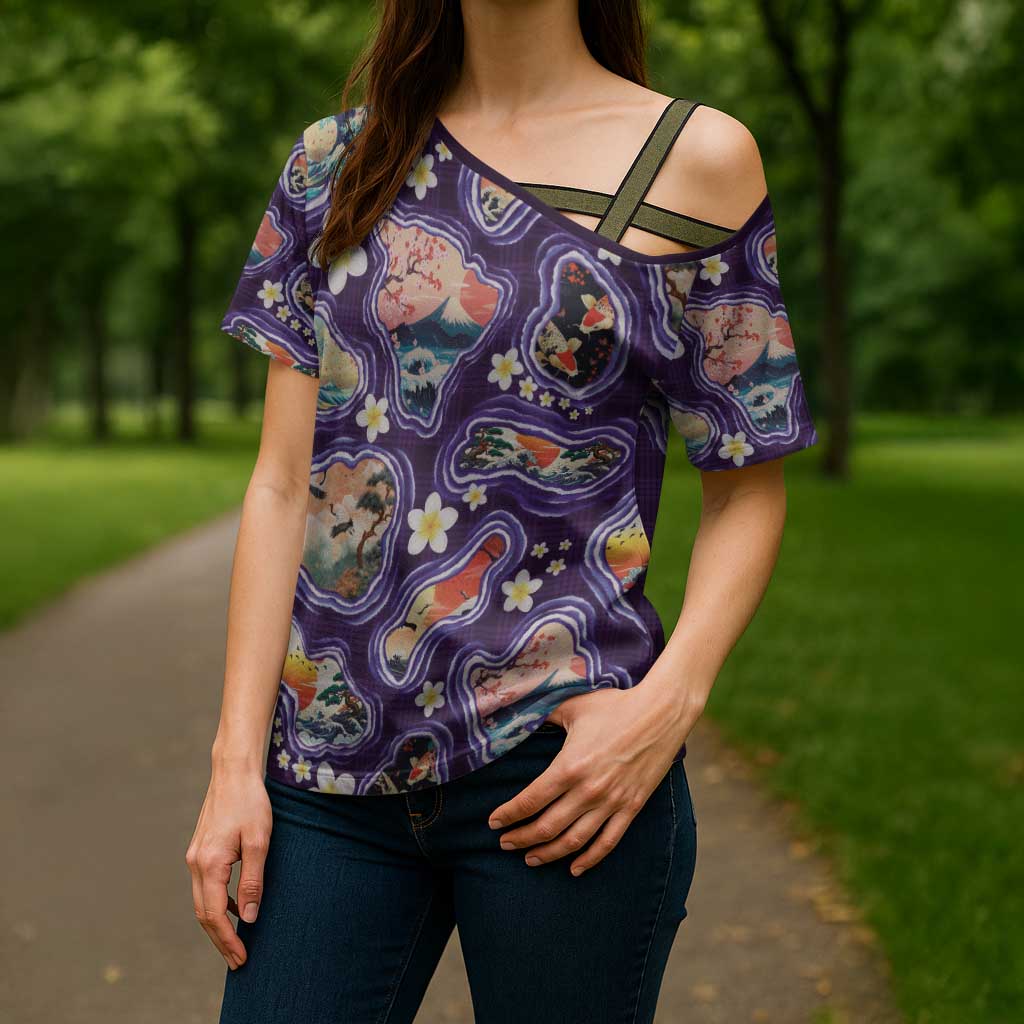 Hawaii Islands Map Design with Japanese Landscape Cross Shoulder Shirt Hawaiian Japan Fusion Art Purple Color