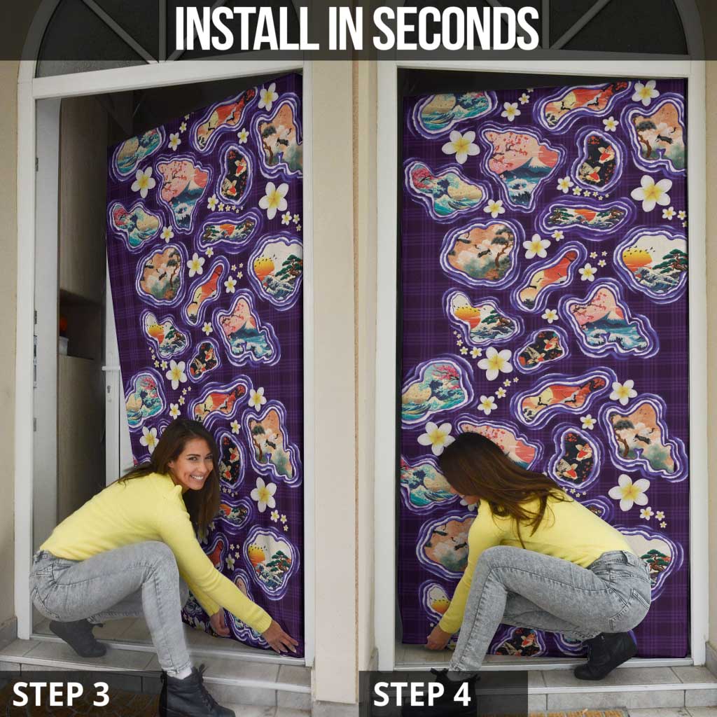 Hawaii Islands Map Design with Japanese Landscape Door Cover Hawaiian Japan Fusion Art Purple Color