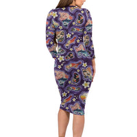 Hawaii Islands Map Design with Japanese Landscape Family Matching Long Sleeve Bodycon Dress and Hawaiian Shirt Hawaiian Japan Fusion Art Purple Color