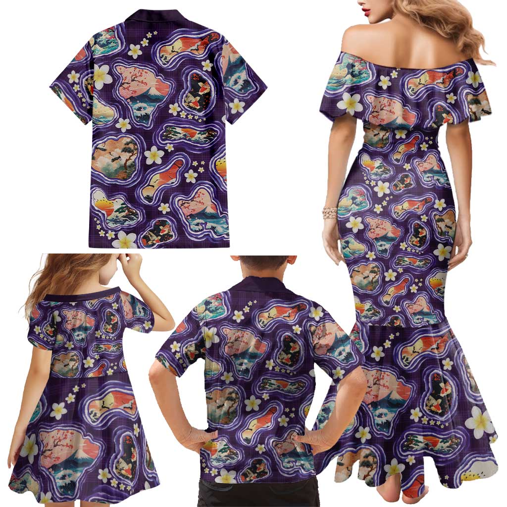 Hawaii Islands Map Design with Japanese Landscape Family Matching Mermaid Dress and Hawaiian Shirt Hawaiian Japan Fusion Art Purple Color