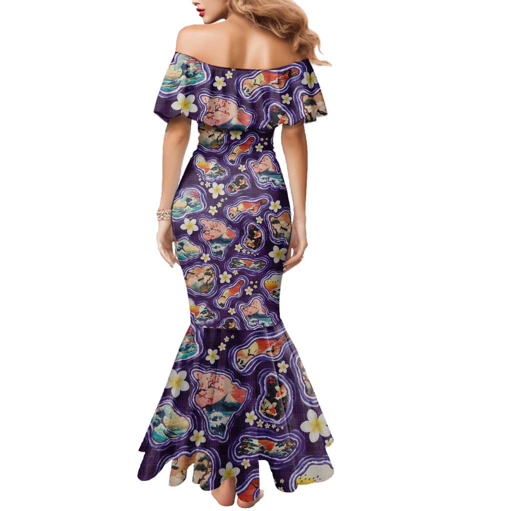 Hawaii Islands Map Design with Japanese Landscape Family Matching Mermaid Dress and Hawaiian Shirt Hawaiian Japan Fusion Art Purple Color