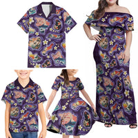 Hawaii Islands Map Design with Japanese Landscape Family Matching Off Shoulder Maxi Dress and Hawaiian Shirt Hawaiian Japan Fusion Art Purple Color