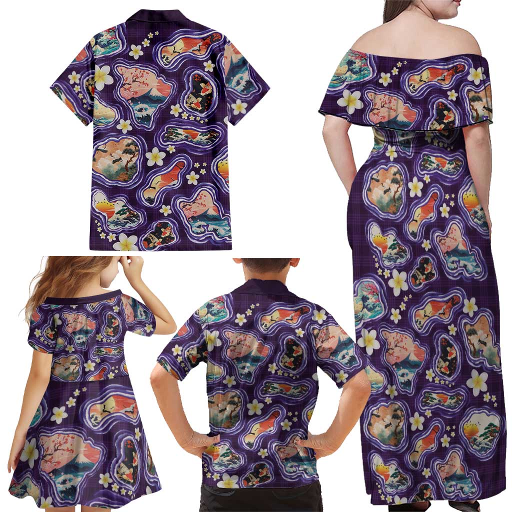 Hawaii Islands Map Design with Japanese Landscape Family Matching Off Shoulder Maxi Dress and Hawaiian Shirt Hawaiian Japan Fusion Art Purple Color