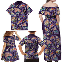Hawaii Islands Map Design with Japanese Landscape Family Matching Off Shoulder Maxi Dress and Hawaiian Shirt Hawaiian Japan Fusion Art Purple Color