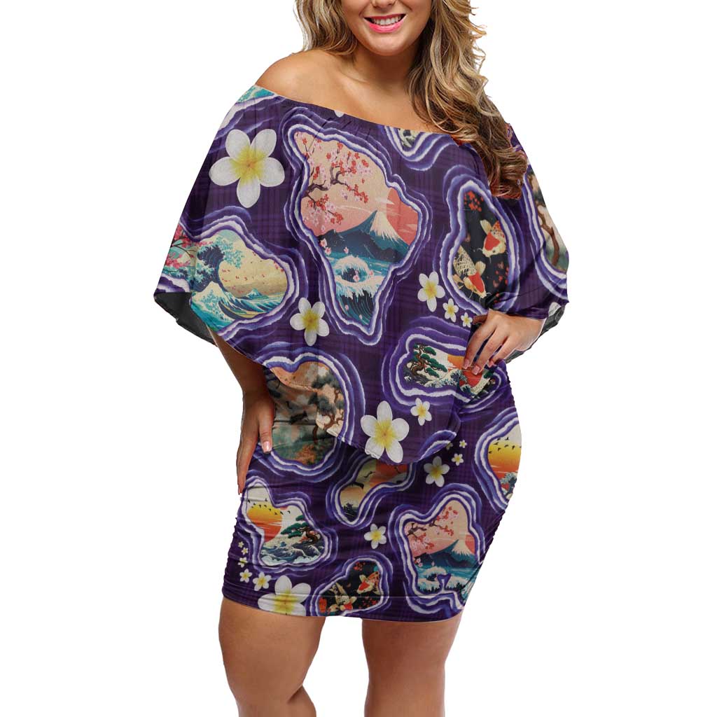 Hawaii Islands Map Design with Japanese Landscape Family Matching Off Shoulder Short Dress and Hawaiian Shirt Hawaiian Japan Fusion Art Purple Color