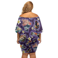 Hawaii Islands Map Design with Japanese Landscape Family Matching Off Shoulder Short Dress and Hawaiian Shirt Hawaiian Japan Fusion Art Purple Color