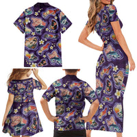 Hawaii Islands Map Design with Japanese Landscape Family Matching Short Sleeve Bodycon Dress and Hawaiian Shirt Hawaiian Japan Fusion Art Purple Color