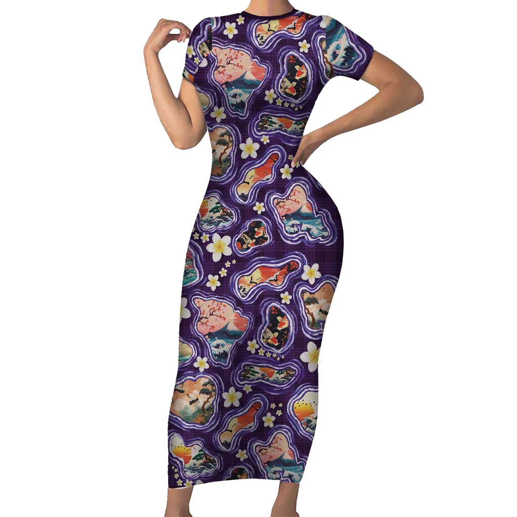 Hawaii Islands Map Design with Japanese Landscape Family Matching Short Sleeve Bodycon Dress and Hawaiian Shirt Hawaiian Japan Fusion Art Purple Color