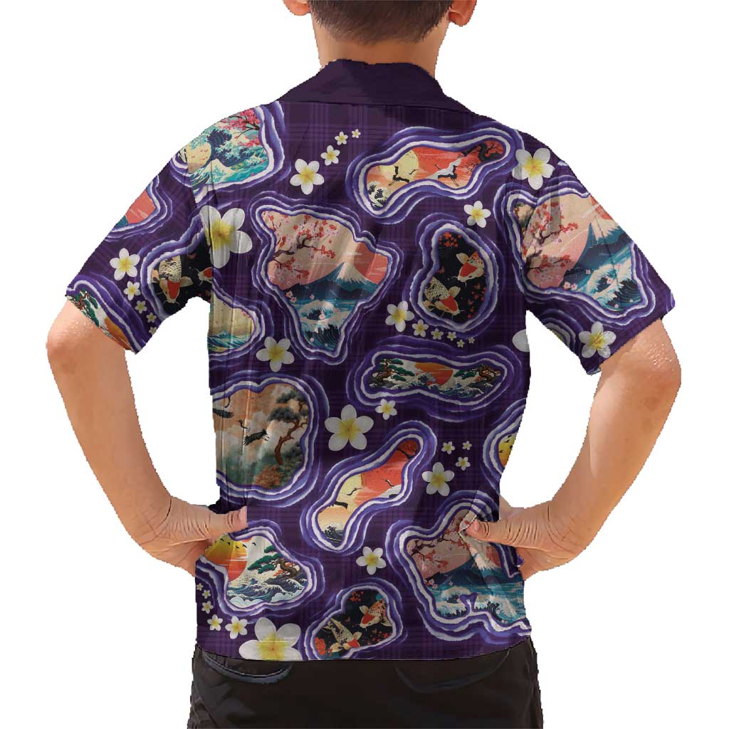 Hawaii Islands Map Design with Japanese Landscape Family Matching Tank Maxi Dress and Hawaiian Shirt Hawaiian Japan Fusion Art Purple Color LT03 - Polynesian Pride