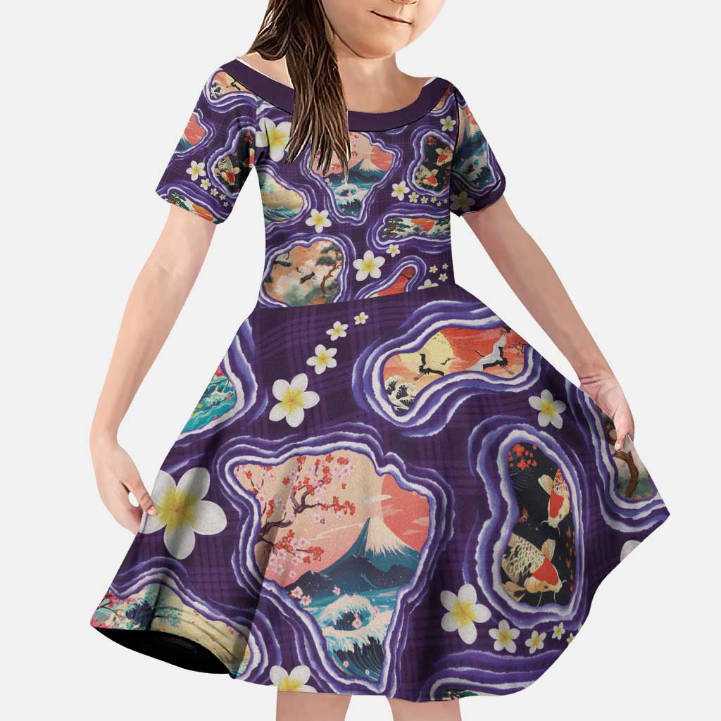 Hawaii Islands Map Design with Japanese Landscape Family Matching Tank Maxi Dress and Hawaiian Shirt Hawaiian Japan Fusion Art Purple Color LT03 Daughter's Dress Purple - Polynesian Pride
