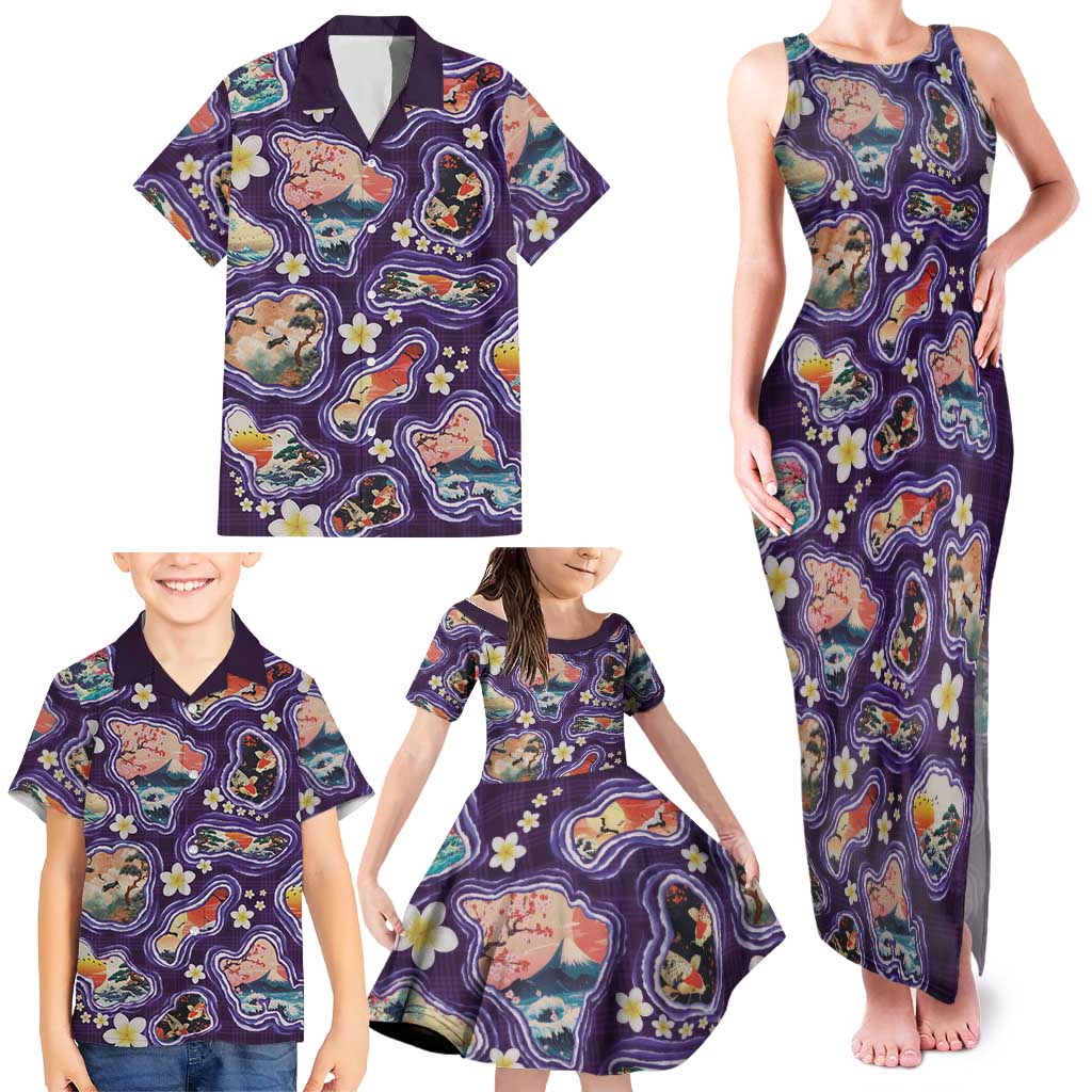 Hawaii Islands Map Design with Japanese Landscape Family Matching Tank Maxi Dress and Hawaiian Shirt Hawaiian Japan Fusion Art Purple Color LT03 - Polynesian Pride