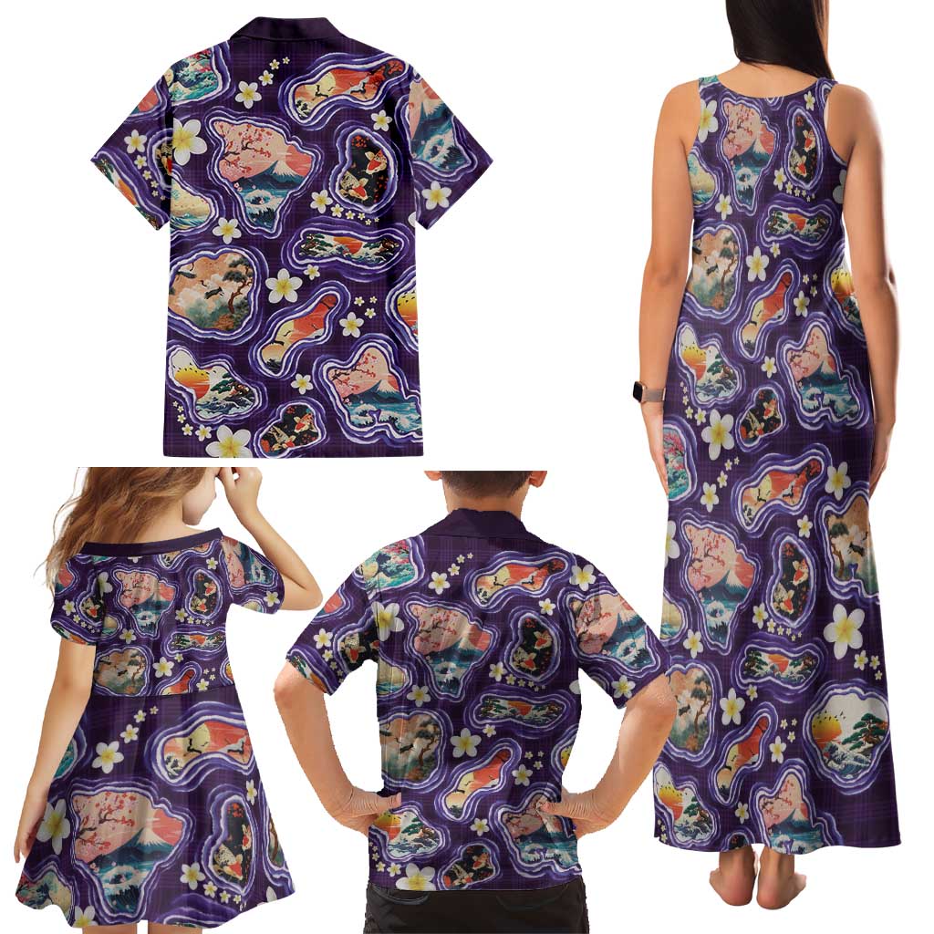 Hawaii Islands Map Design with Japanese Landscape Family Matching Tank Maxi Dress and Hawaiian Shirt Hawaiian Japan Fusion Art Purple Color LT03 - Polynesian Pride