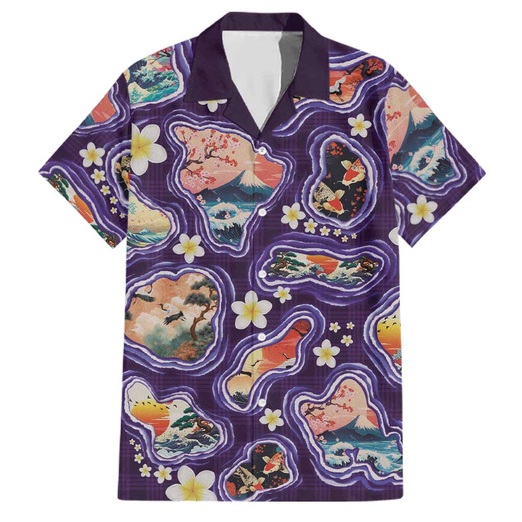 Hawaii Islands Map Design with Japanese Landscape Family Matching Tank Maxi Dress and Hawaiian Shirt Hawaiian Japan Fusion Art Purple Color LT03 Dad's Shirt - Short Sleeve Purple - Polynesian Pride