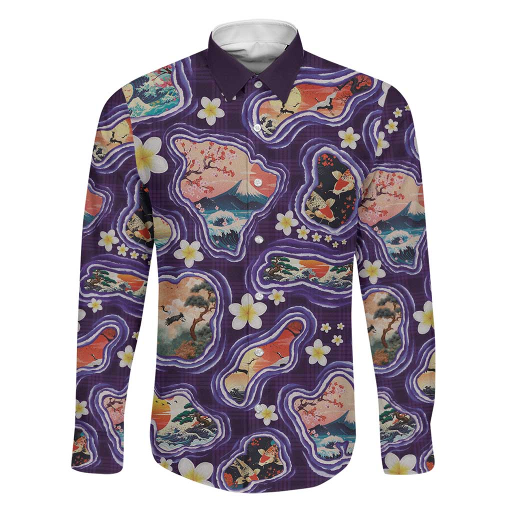 Hawaii Islands Map Design with Japanese Landscape Family Matching Tank Maxi Dress and Hawaiian Shirt Hawaiian Japan Fusion Art Purple Color LT03 Dad's Shirt - Long Sleeve Purple - Polynesian Pride