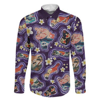 Hawaii Islands Map Design with Japanese Landscape Family Matching Tank Maxi Dress and Hawaiian Shirt Hawaiian Japan Fusion Art Purple Color LT03 Dad's Shirt - Long Sleeve Purple - Polynesian Pride