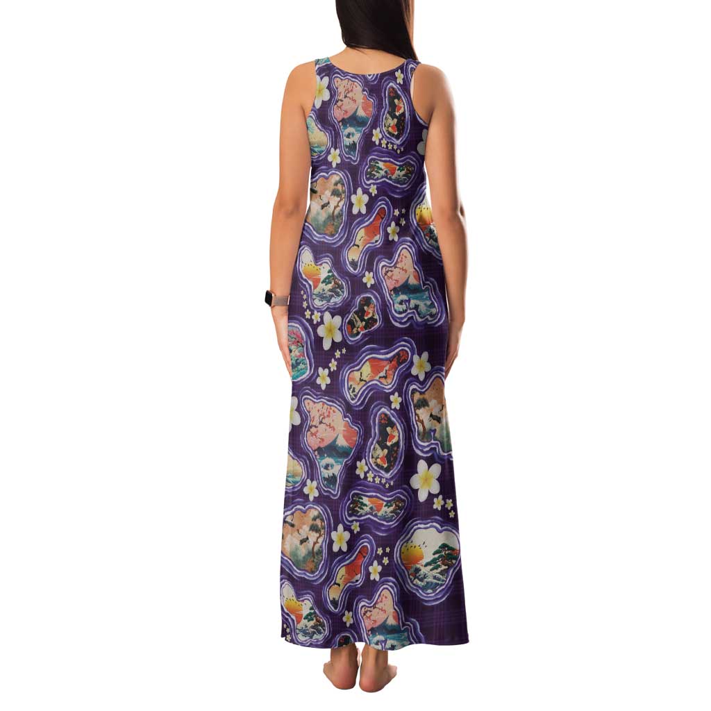 Hawaii Islands Map Design with Japanese Landscape Family Matching Tank Maxi Dress and Hawaiian Shirt Hawaiian Japan Fusion Art Purple Color LT03 - Polynesian Pride