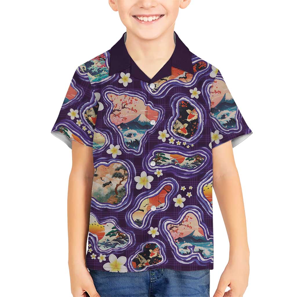 Hawaii Islands Map Design with Japanese Landscape Family Matching Tank Maxi Dress and Hawaiian Shirt Hawaiian Japan Fusion Art Purple Color LT03 Son's Shirt Purple - Polynesian Pride