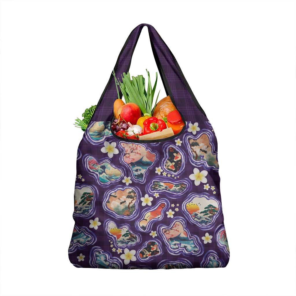 Hawaii Islands Map Design with Japanese Landscape Grocery Bag Hawaiian Japan Fusion Art Purple Color