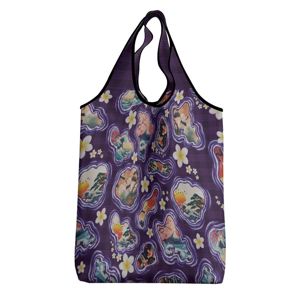 Hawaii Islands Map Design with Japanese Landscape Grocery Bag Hawaiian Japan Fusion Art Purple Color