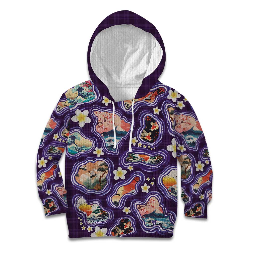 Hawaii Islands Map Design with Japanese Landscape Kid Hoodie Hawaiian Japan Fusion Art Purple Color